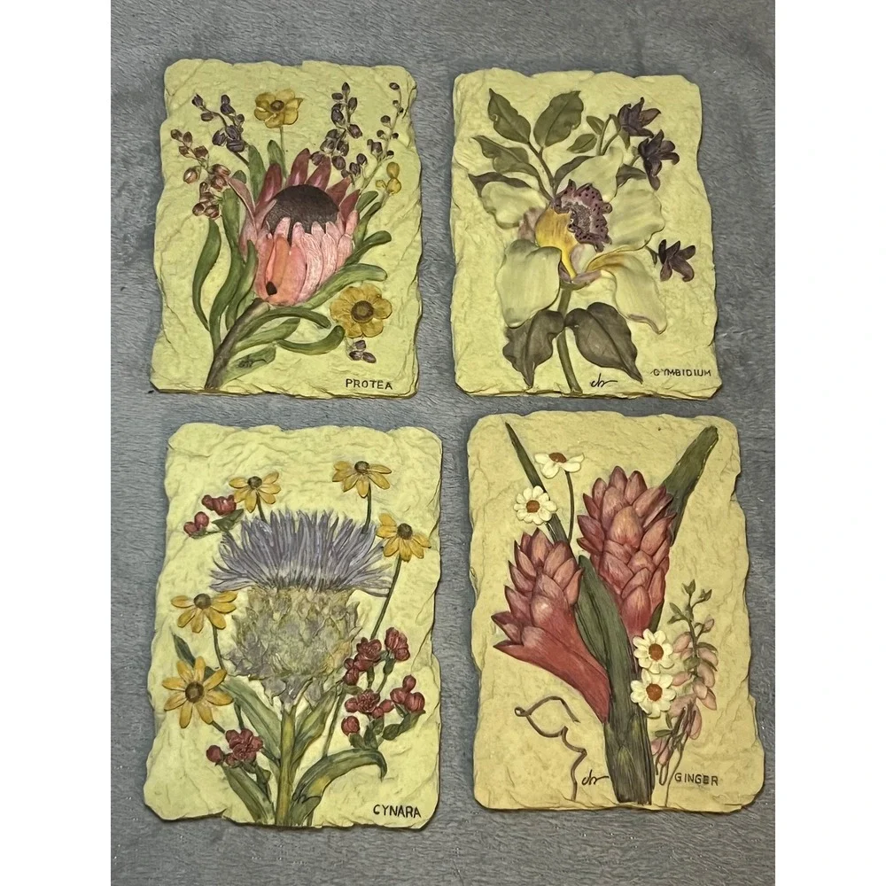 Vintage Set 4 Botanical Floral Wall Plaques Protea Orchid Cynara Ginger Garden